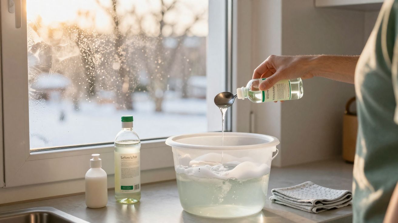 Pessoa a verter líquido de uma garrafa para uma colher sobre um balde com água e espuma, numa cozinha junto à janela.