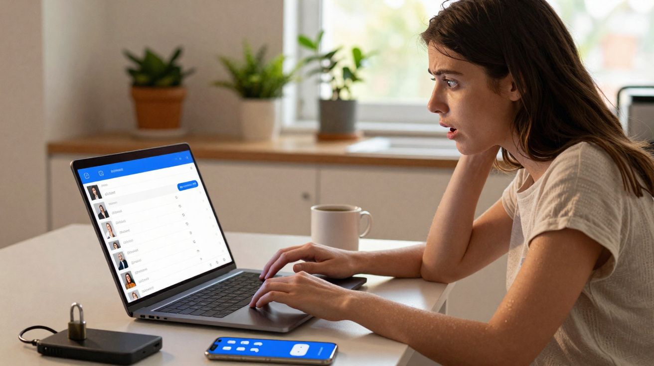 Mulher sentada em secretária vê com surpresa e preocupação dados no ecrã do portátil, tem smartphone e bloco de notas à frent