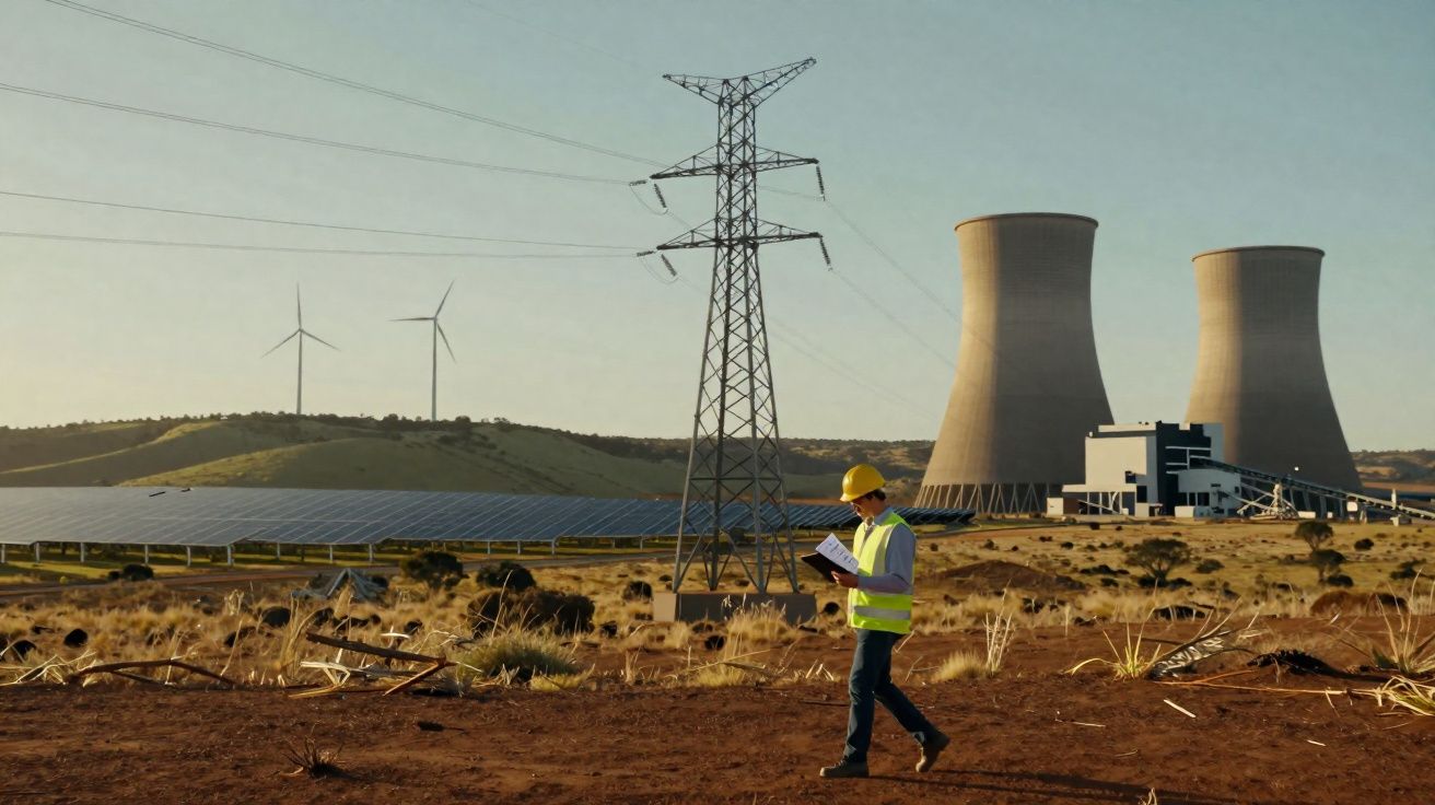 Engenheiro com colete e capacete inspecciona campo com painéis solares, turbinas eólicas e centrais nucleares.
