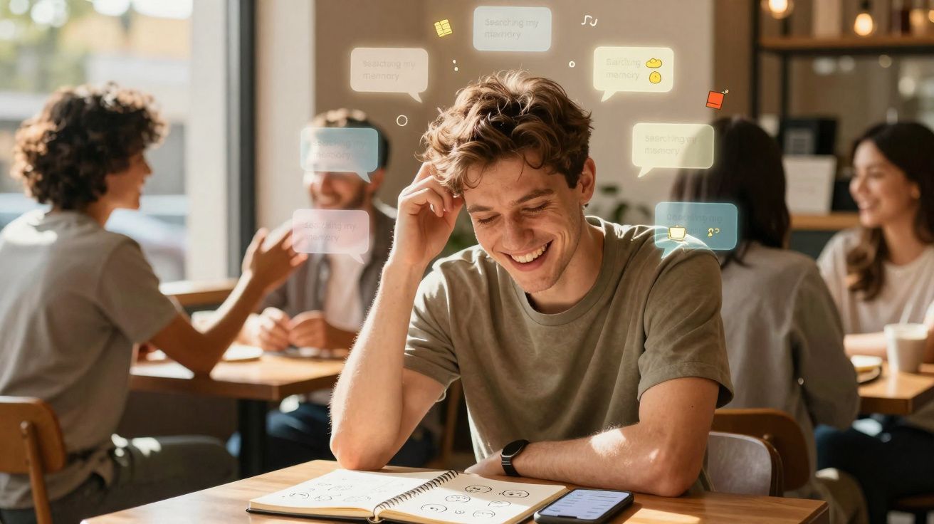 Jovem sorridente estudando num café, rodeado por outras pessoas e balões de conversa digitais.