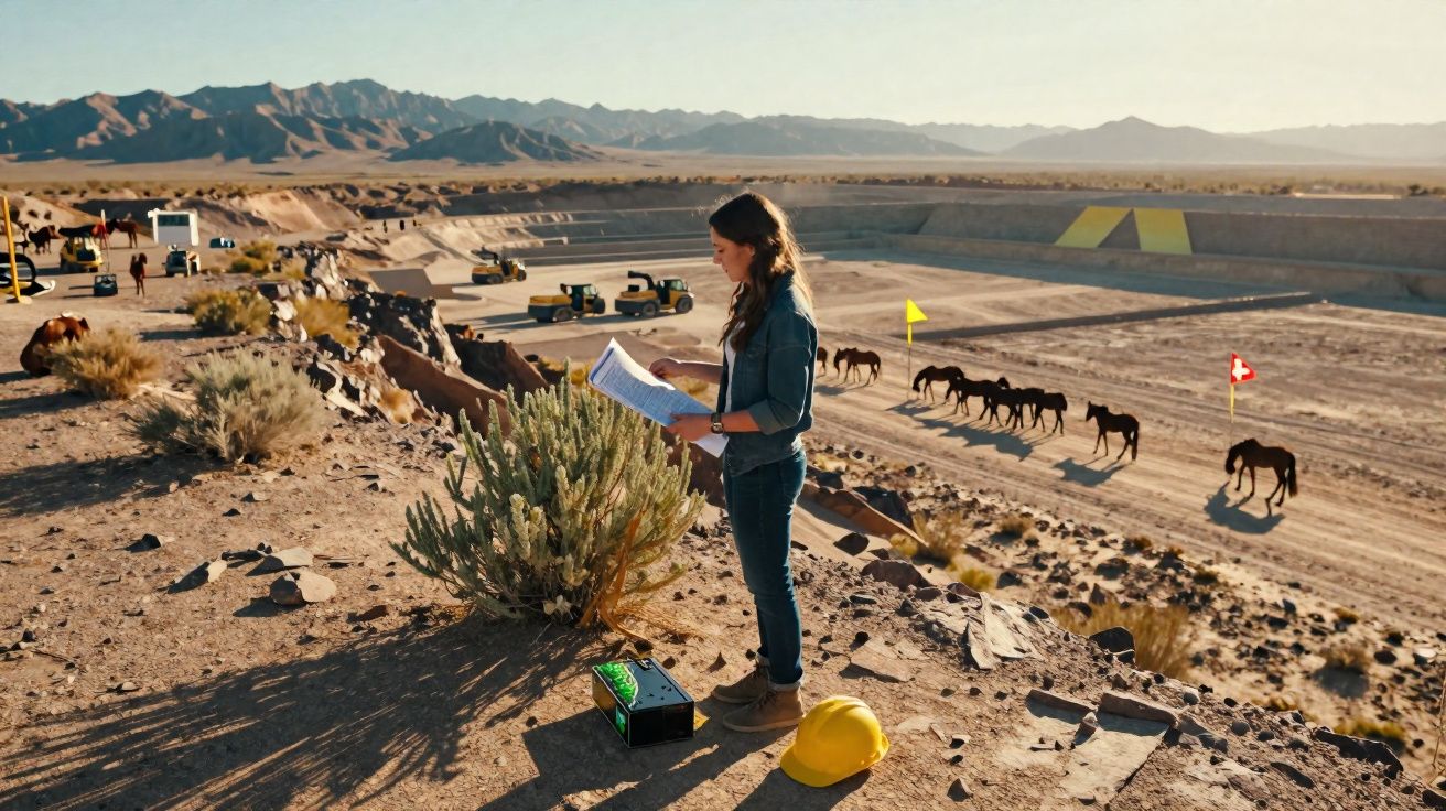 Mulher de pé em deserto a ler planos, com vários cavalos e máquinas ao fundo, e montanhas ao longe.