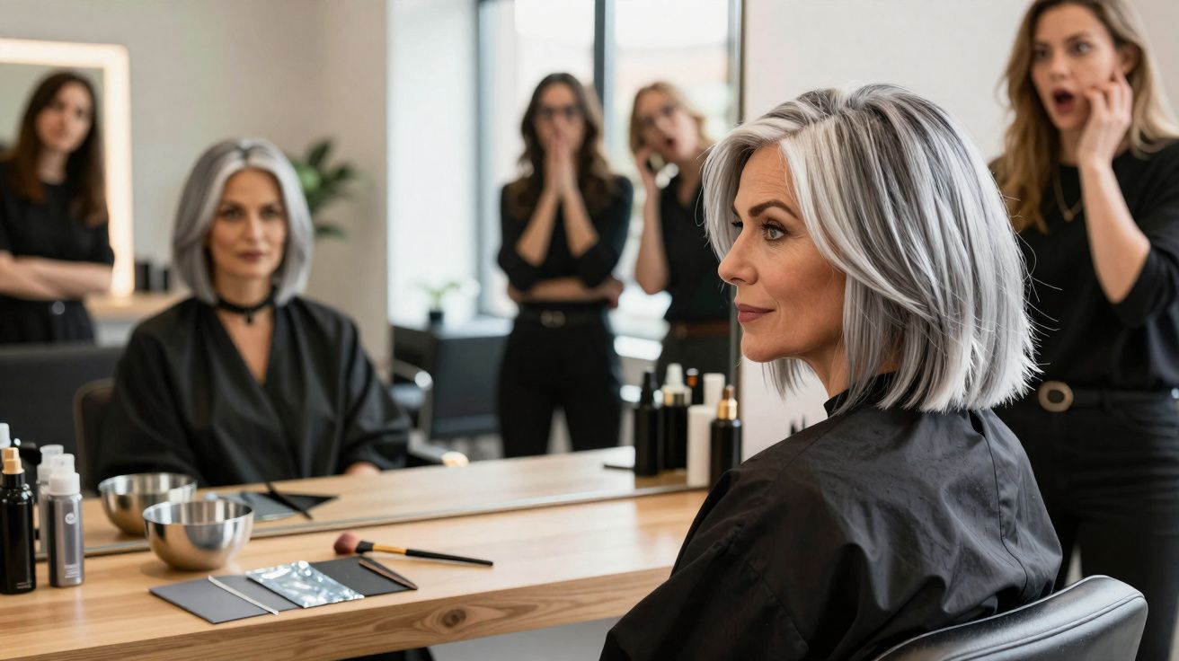 Mulher com cabelo grisalho recém-cortado no salão de cabeleireiro, rodeada por quatro pessoas surpreendidas.
