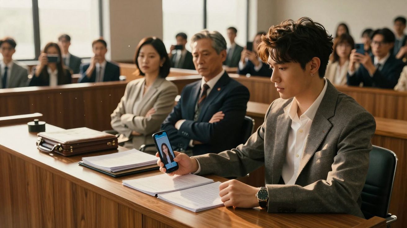 Jovem de fato cinzento mostra foto no telemóvel durante audiência em tribunal, outros assistem atentos.