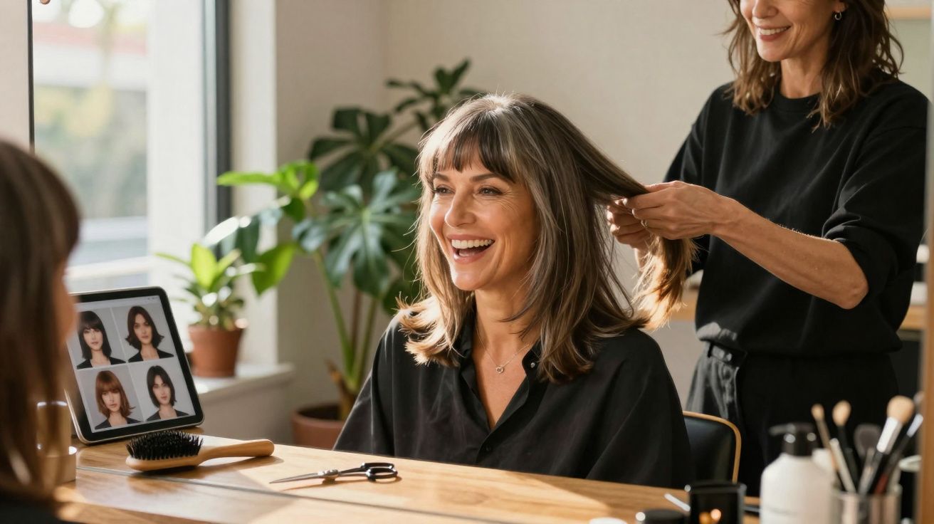 Cliente sorridente escolhe corte de cabelo no cabeleireiro, consultando estilos num tablet.