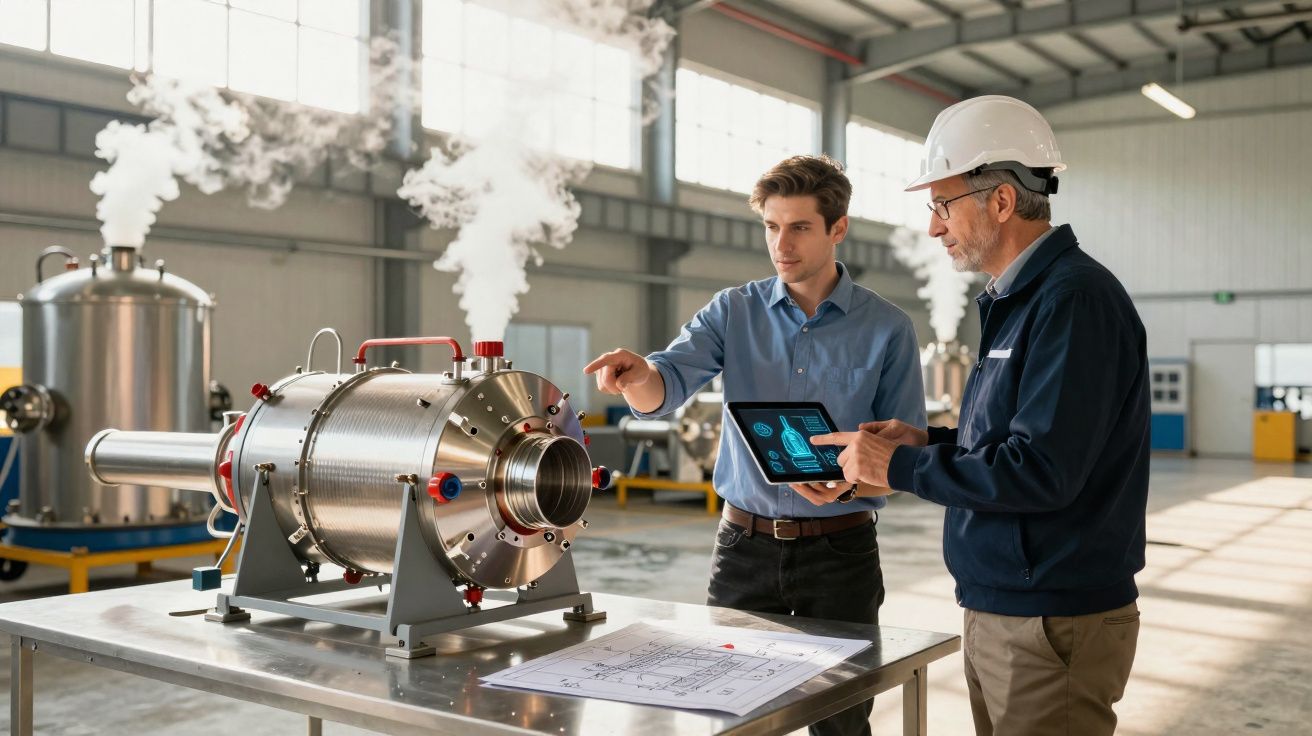 Dois engenheiros analisam máquina industrial a vapor dentro de fábrica moderna e bem iluminada.