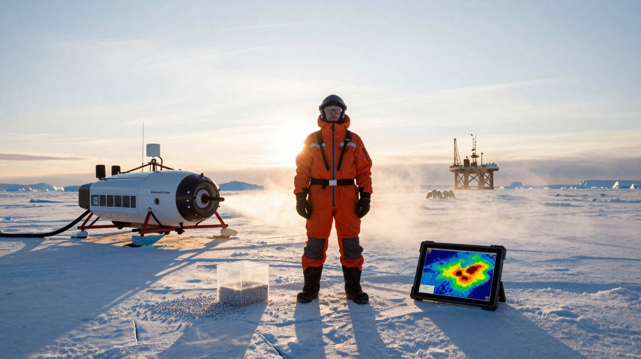 Investigador em fato térmico laranja em neve junto a equipamento científico e ecrã térmico ao pôr do sol.