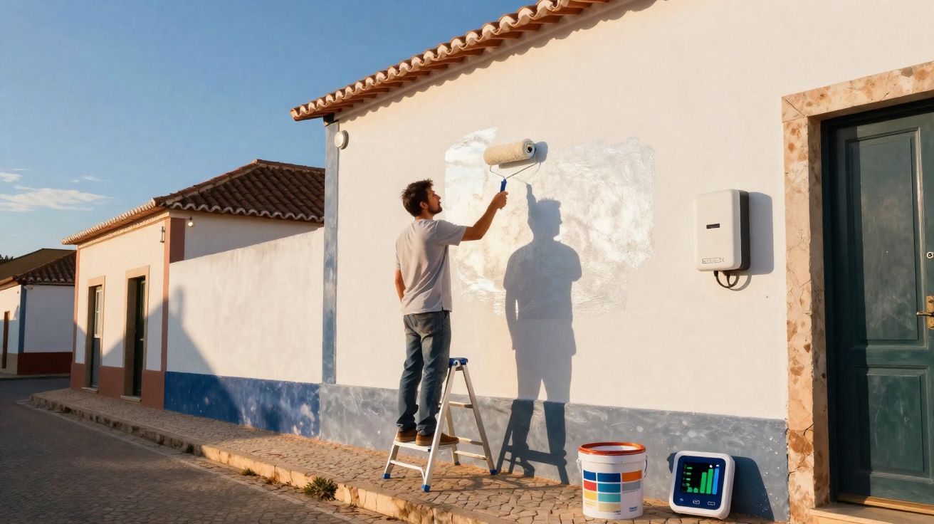 Homem a pintar parede exterior branca de uma casa com rolo durante o dia.