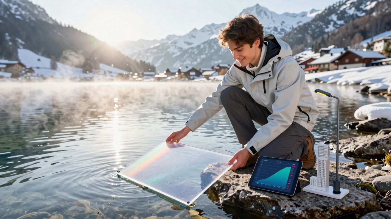Homem junto a lago em montanha com neve a segurar painel transparente, com tablet e modelos de edifícios ao lado.