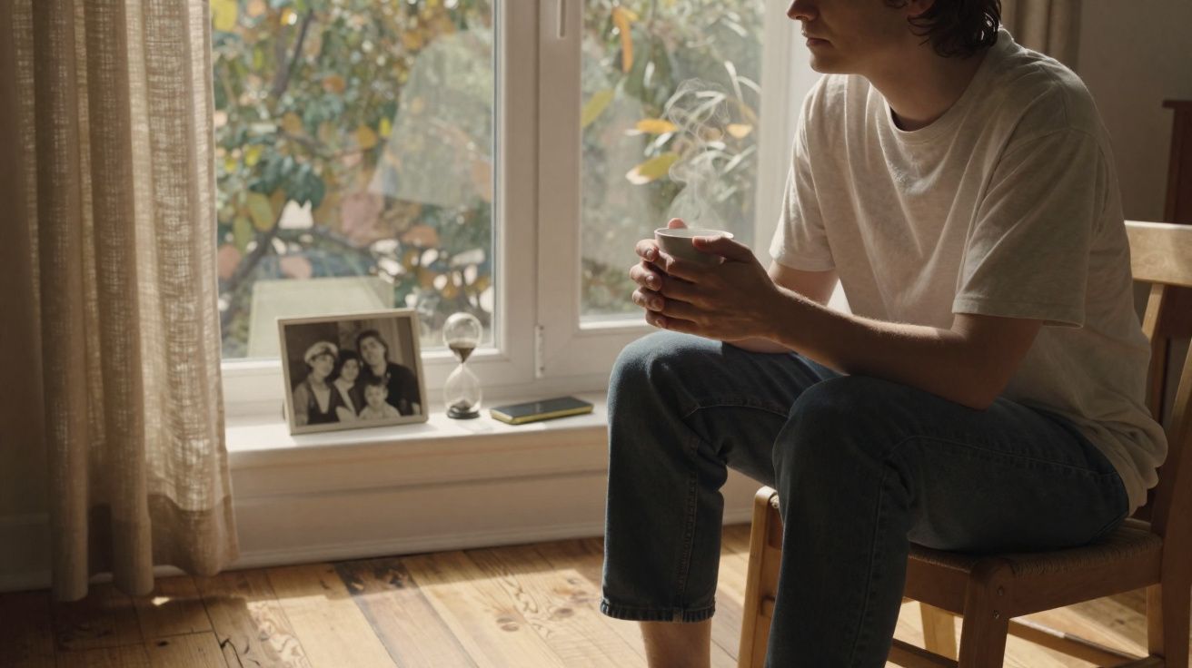 Pessoa sentada numa cadeira junto à janela segurando uma chávena fumegante, com uma fotografia e areia na ampulheta na janela