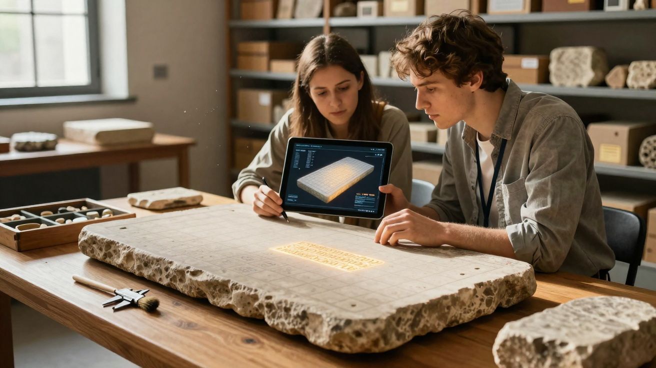 Dois arqueólogos analisam uma tabuleta antiga numa mesa, usando um tablet para estudar a peça.