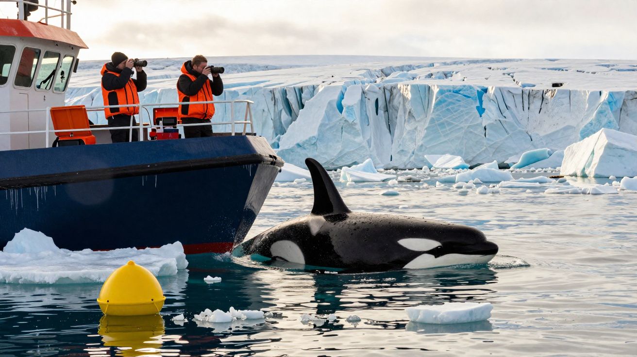 Barco perto de uma orca com duas pessoas a observar usando binóculos em águas geladas com icebergues ao fundo.