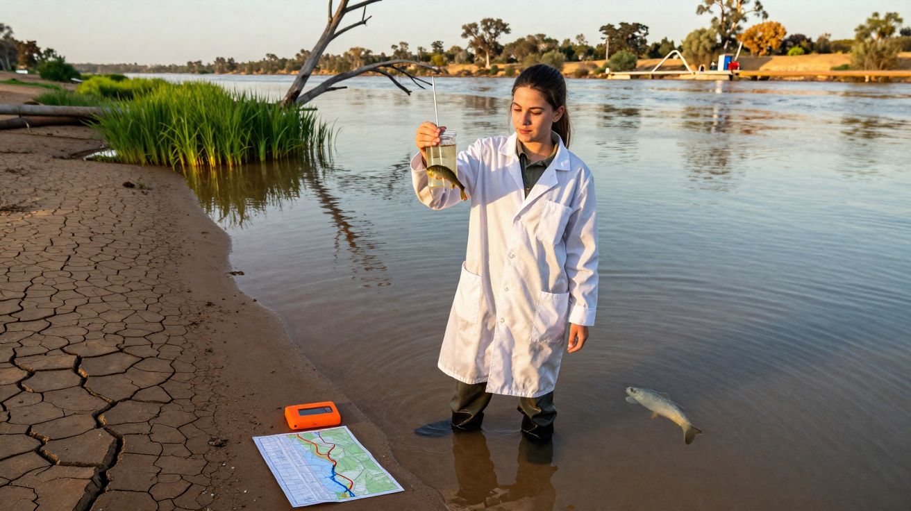 Mulher com bata branca recolhe amostra de água de rio com solo seco e mapa na margem.