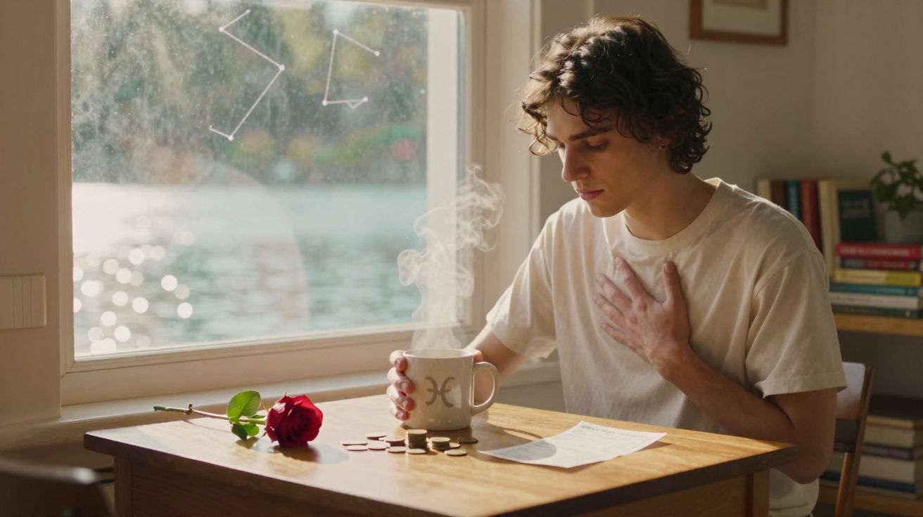 Jovem sentado à mesa com chá quente, moedas, uma rosa vermelha e uma carta, junto a uma janela com constelações desenhadas.