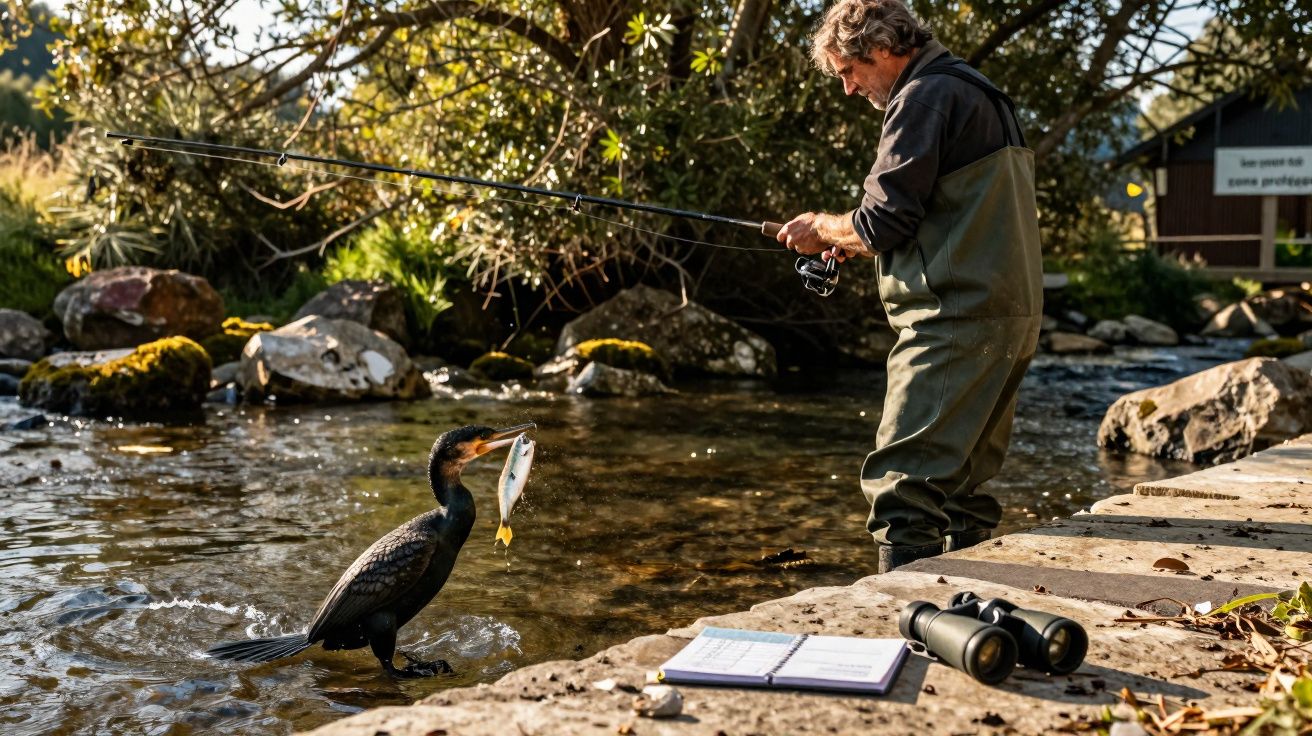 Homem a pescar numa ria e um cormorão na água a segurar um peixe na boca.