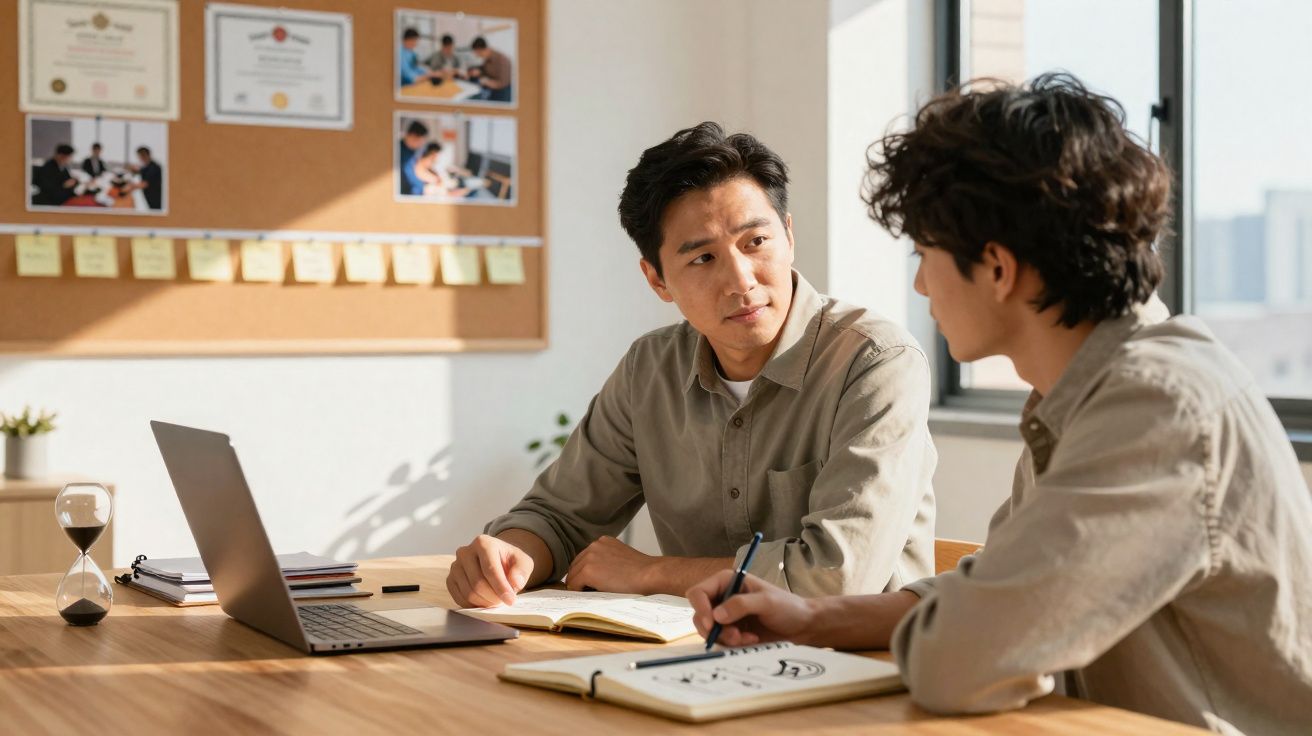 Duas pessoas sentadas à mesa a discutir enquanto tomam notas, com computador aberto e ampulheta.