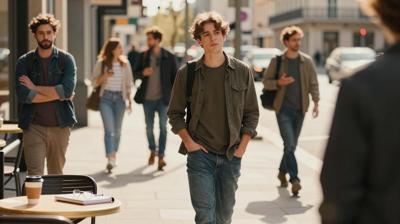 Jovem com mochila caminha pela calçada de rua com outras pessoas ao fundo em dia ensolarado.