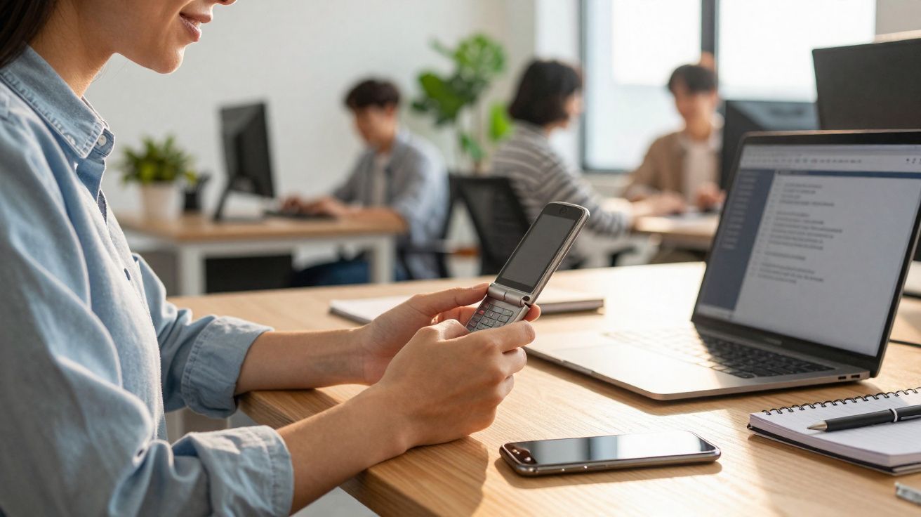 Pessoa numa secretária a usar um telemóvel antigo, com computador portátil e caderno no ambiente de escritório.