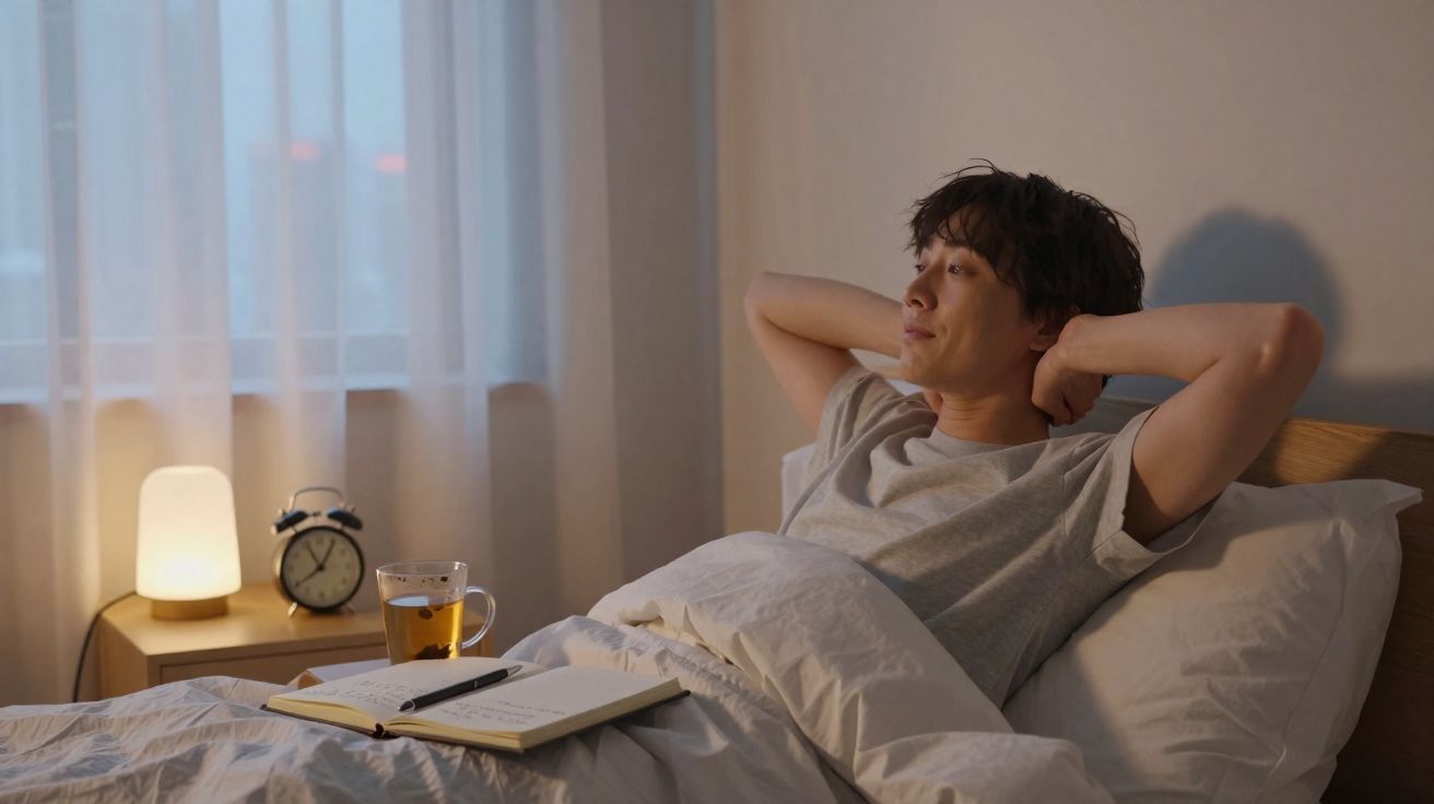 Homem relaxa na cama de manhã, com livro aberto, chá e despertador na mesa junto à janela.