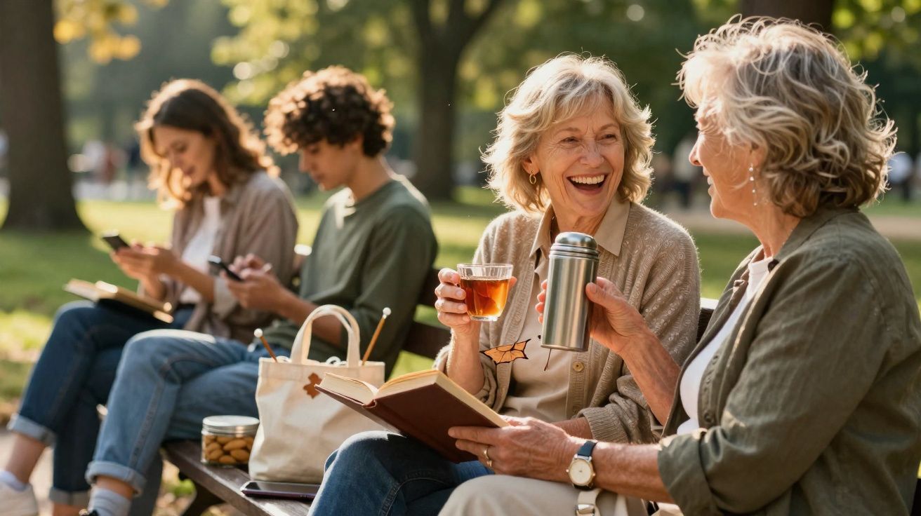 Duas senhoras sorridentes compartilham chá num parque, enquanto jovens ao fundo usam telemóveis sentados num banco.