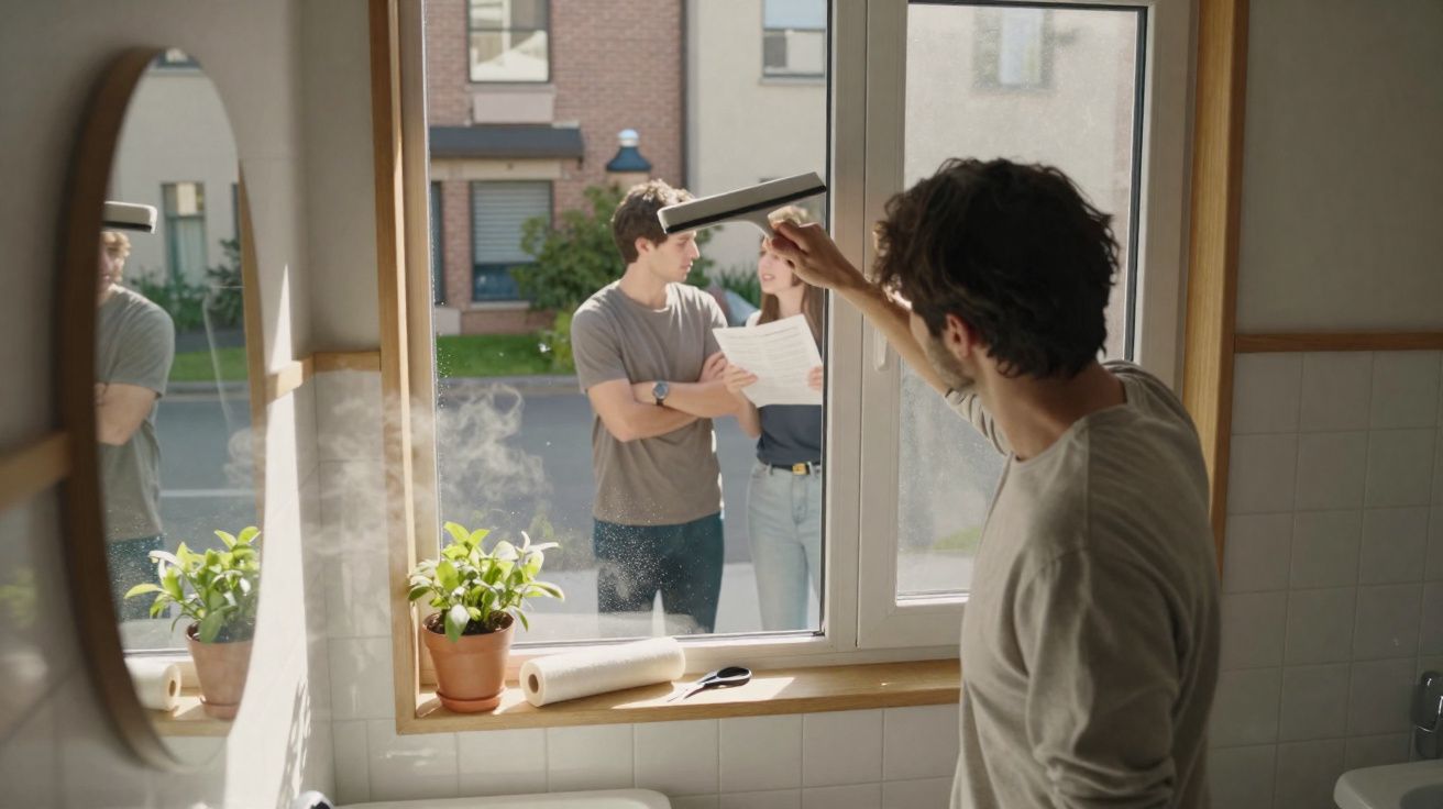 Homem limpa vidro da janela onde casal do lado de fora conversa segurando papel.