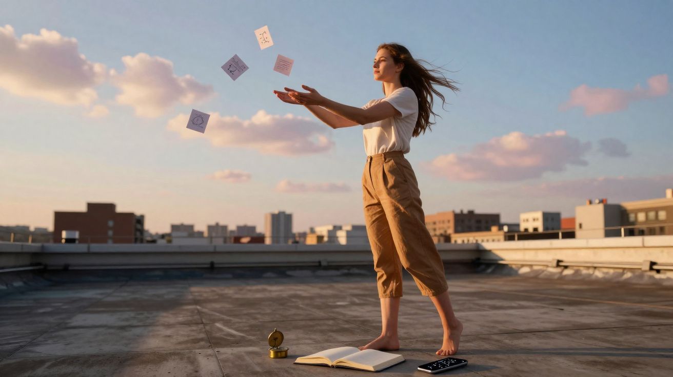 Mulher em pé num terraço ao pôr do sol soltando cartas com símbolos à sua frente.