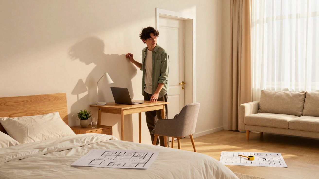 Homem jovem junto a secretária com computador numa divisão luminosa com cama e sofá, plantas e planos no chão.