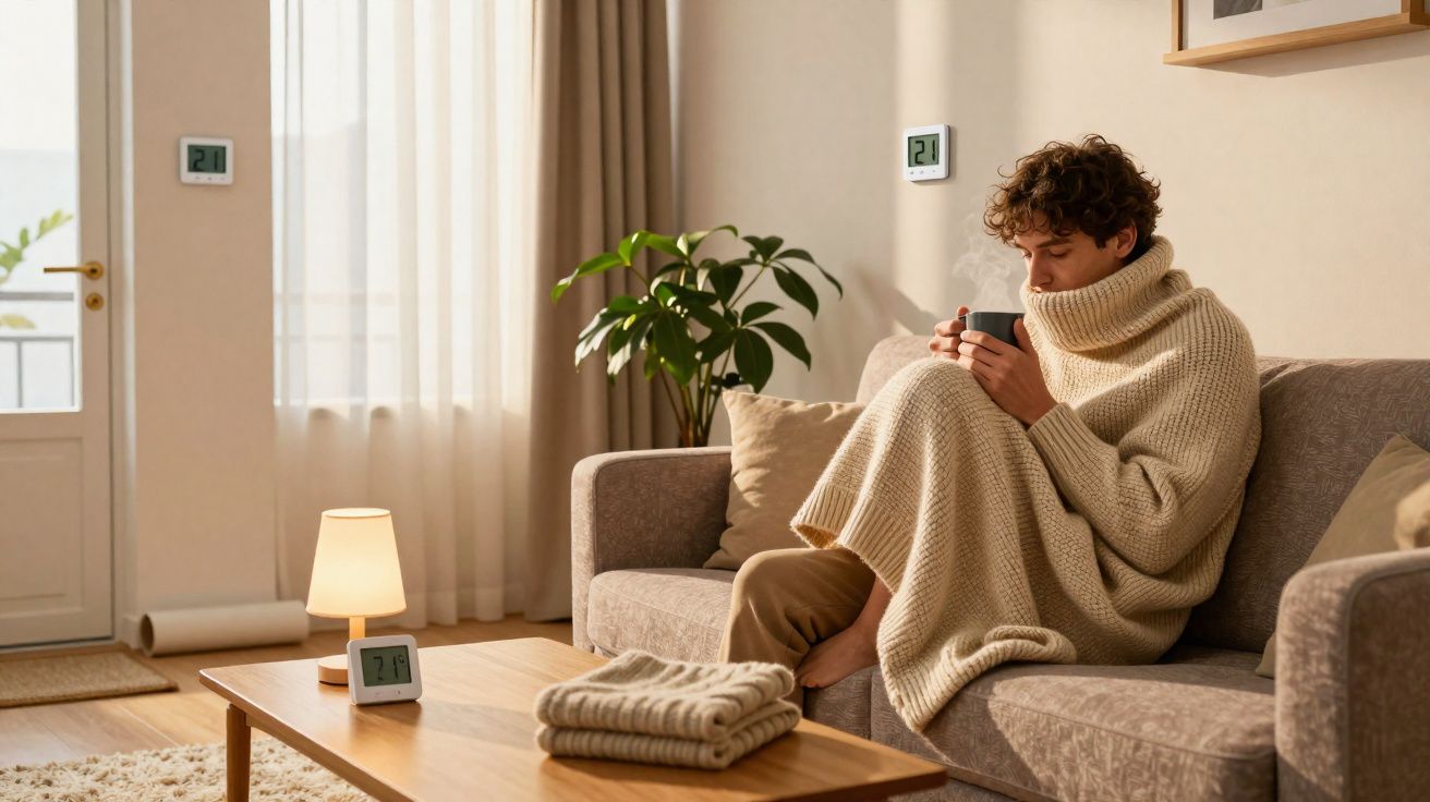 Homem sentado no sofá, embrulhado em manta, a beber de caneca num ambiente acolhedor.