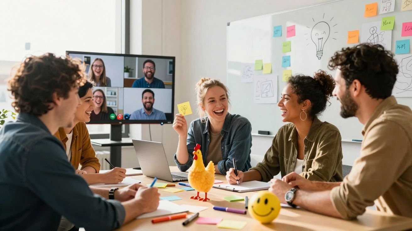 Grupo de pessoas em reunião criativa com videoconferência, post-its e objetos decorativos sobre a mesa.