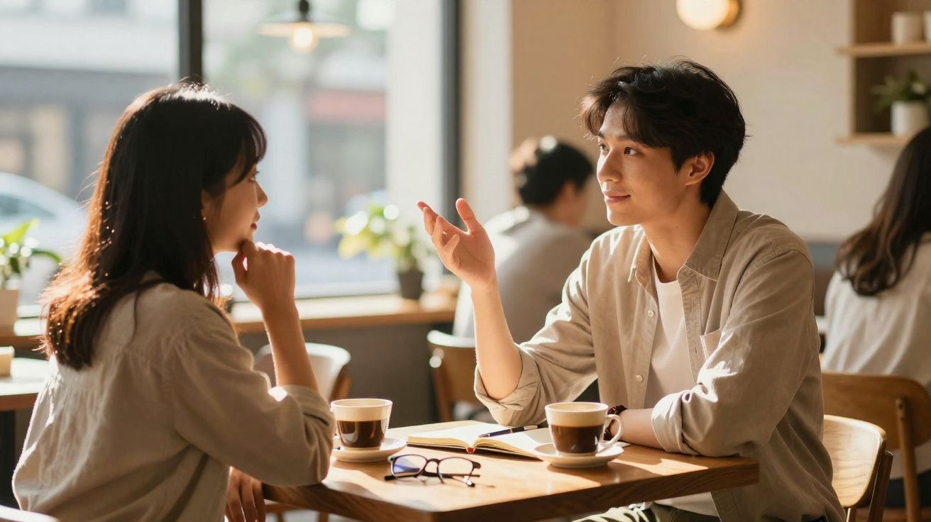 Dois jovens conversam animadamente numa cafeteria durante o dia, com café e livros na mesa.