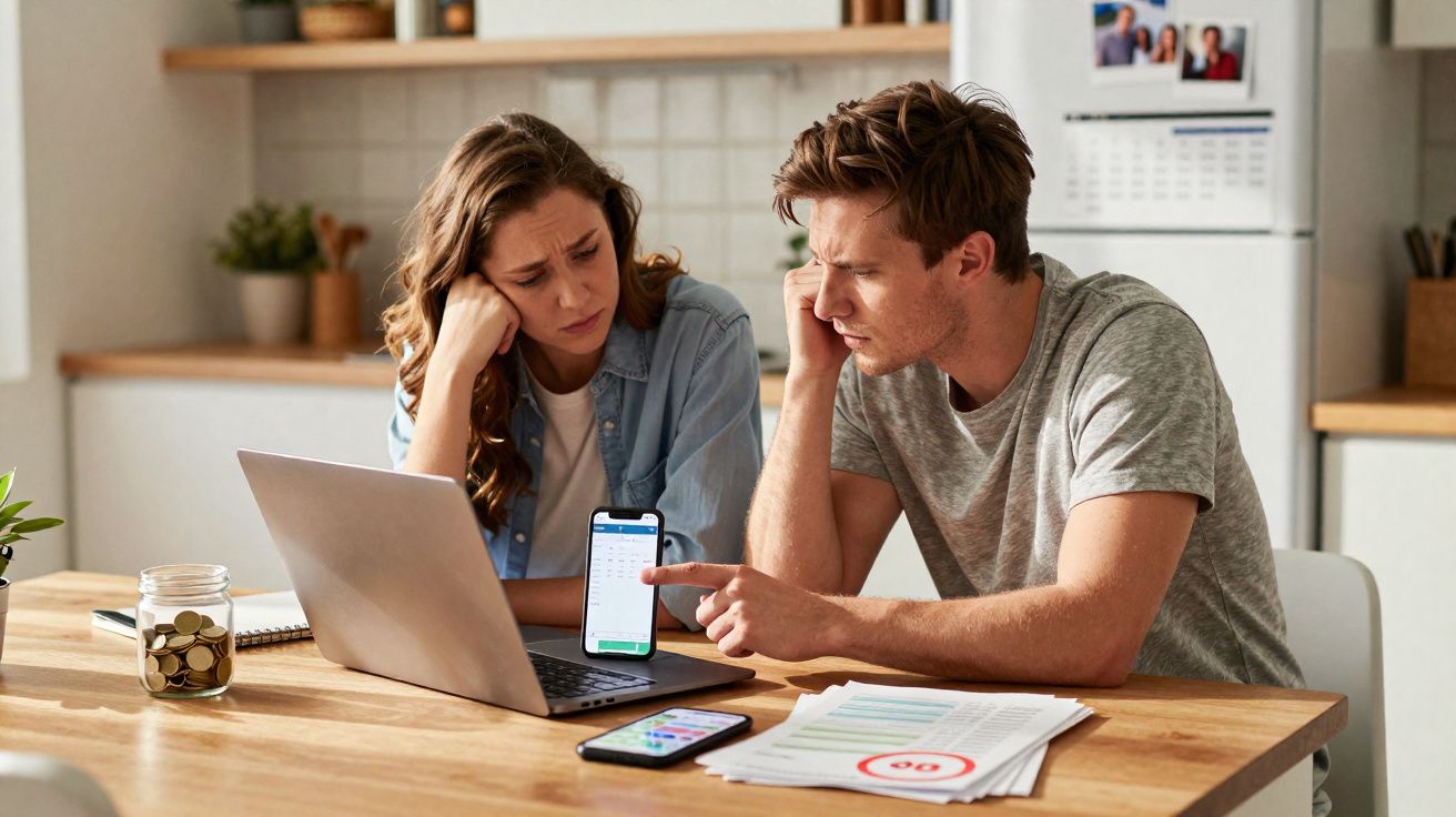 Casal preocupado analisa finanças em casa com laptop, smartphones e documentos na mesa de madeira.