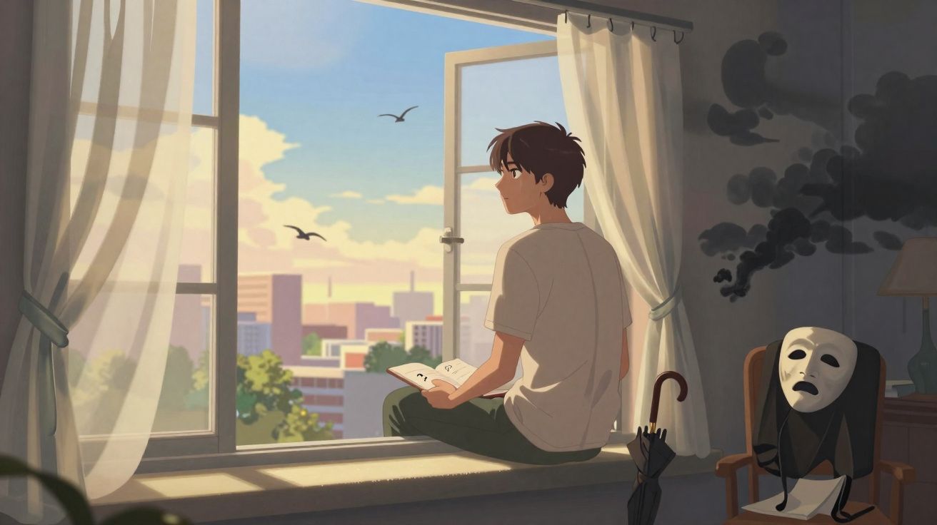 Rapaz sentado à janela aberta, lendo um livro, com máscara e fumaça preta numa cadeira ao lado.