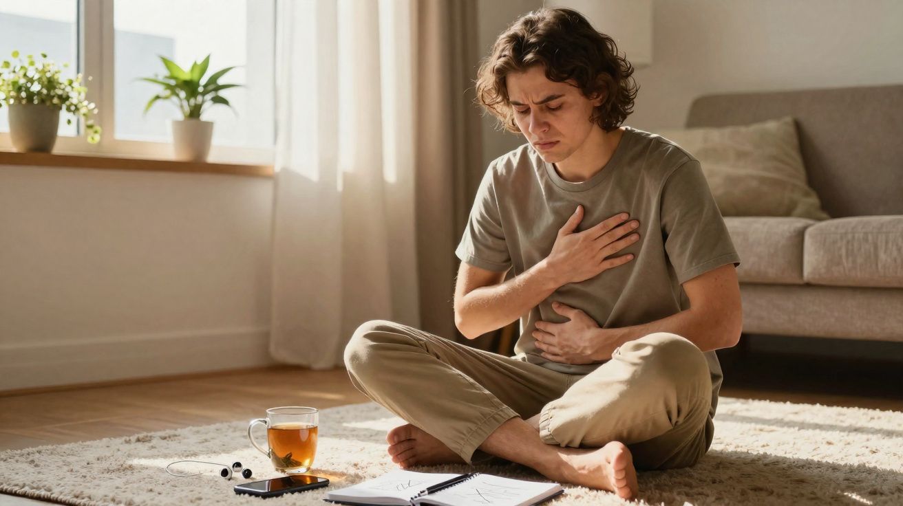 Homem sentado no chão de casa com expressão de dor, segurando o peito e o estômago.