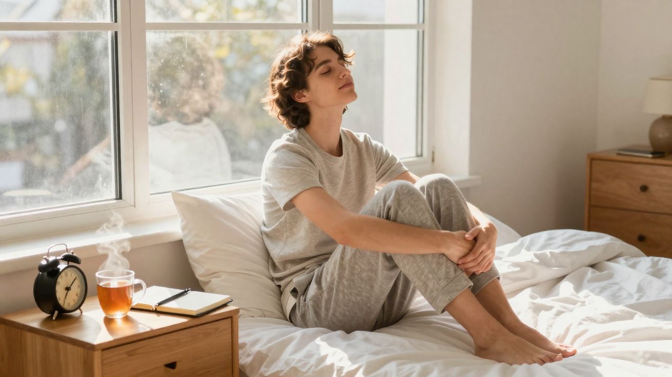 Pessoa relaxada sentada na cama, a aproveitar a luz solar que entra pela janela.