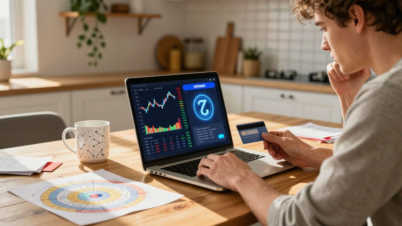 Pessoa jovem analisa gráfico financeiro no portátil enquanto segura cartão de crédito numa cozinha iluminada.