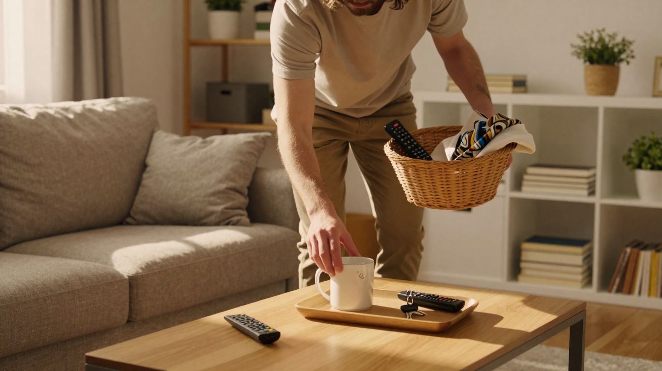 Homem com cesto de roupa a pousar uma chávena numa mesa de madeira na sala de estar.