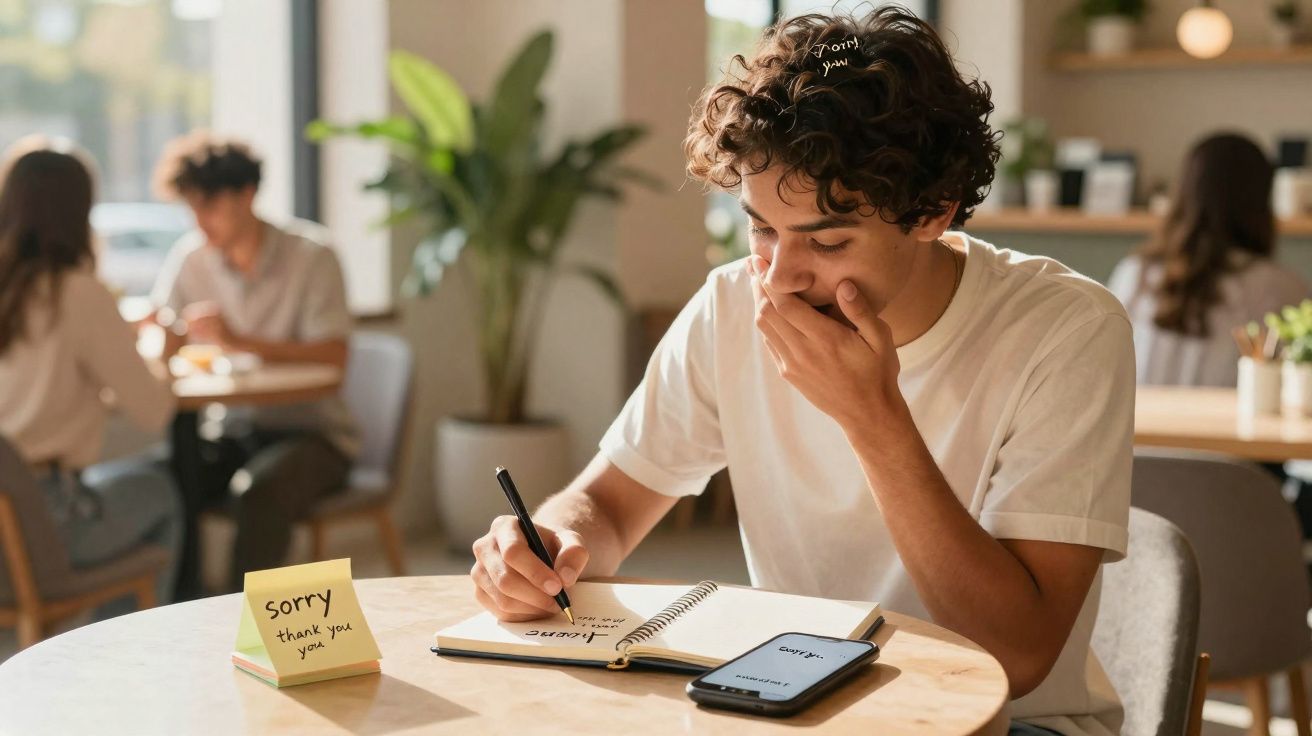 Jovem sentado a escrever num caderno com um telemóvel e uma nota amarela "sorry thank you" numa mesa.