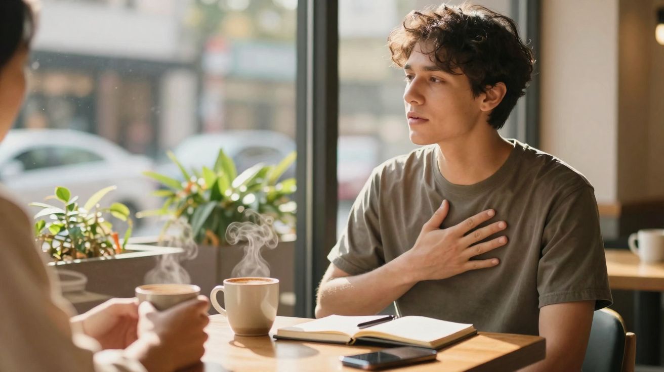 Jovem sentado numa mesa de café, com uma mão no peito, em conversa com outra pessoa.