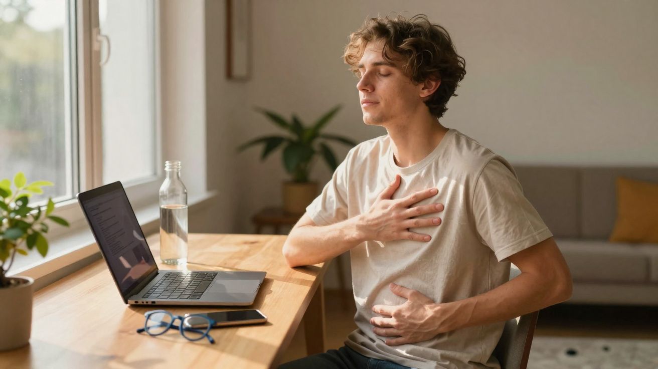 Jovem sentado a trabalhar no computador, com mãos no peito e na barriga, demonstrando desconforto.