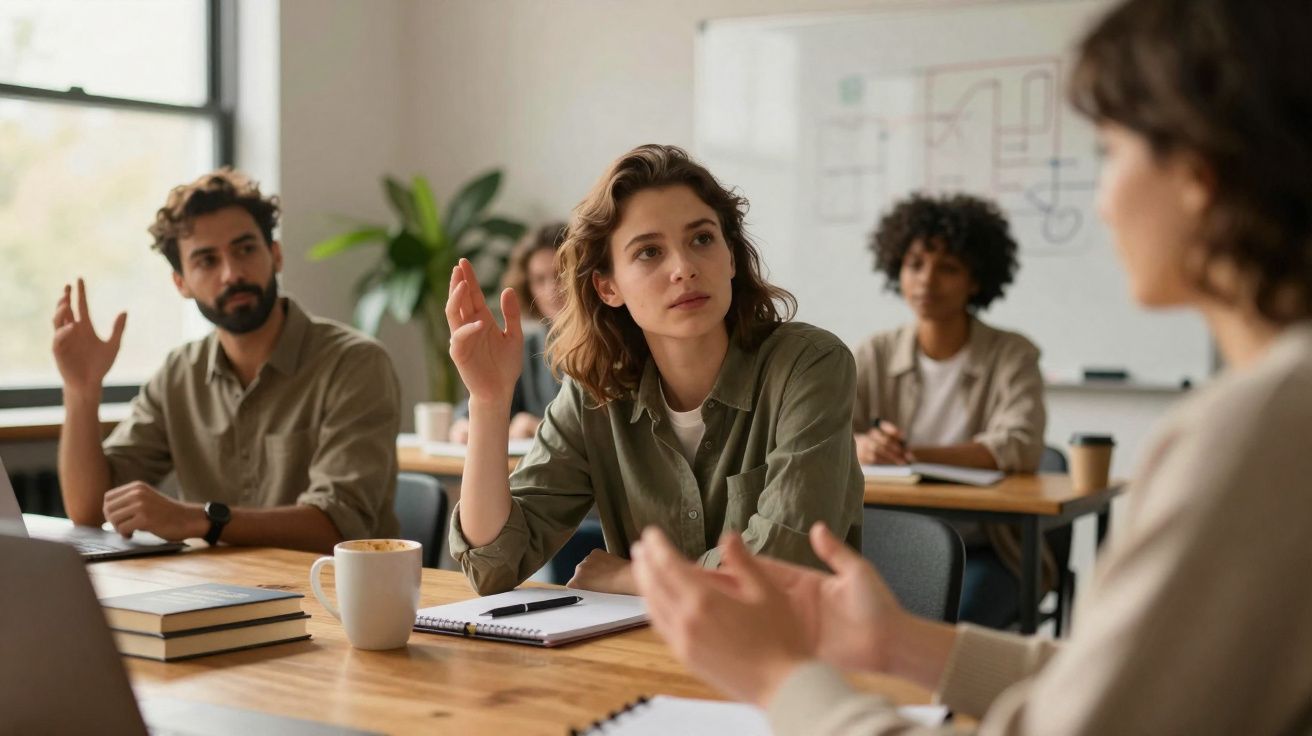 Jovens adultos numa sala de aula levantam as mãos para participar durante uma discussão.