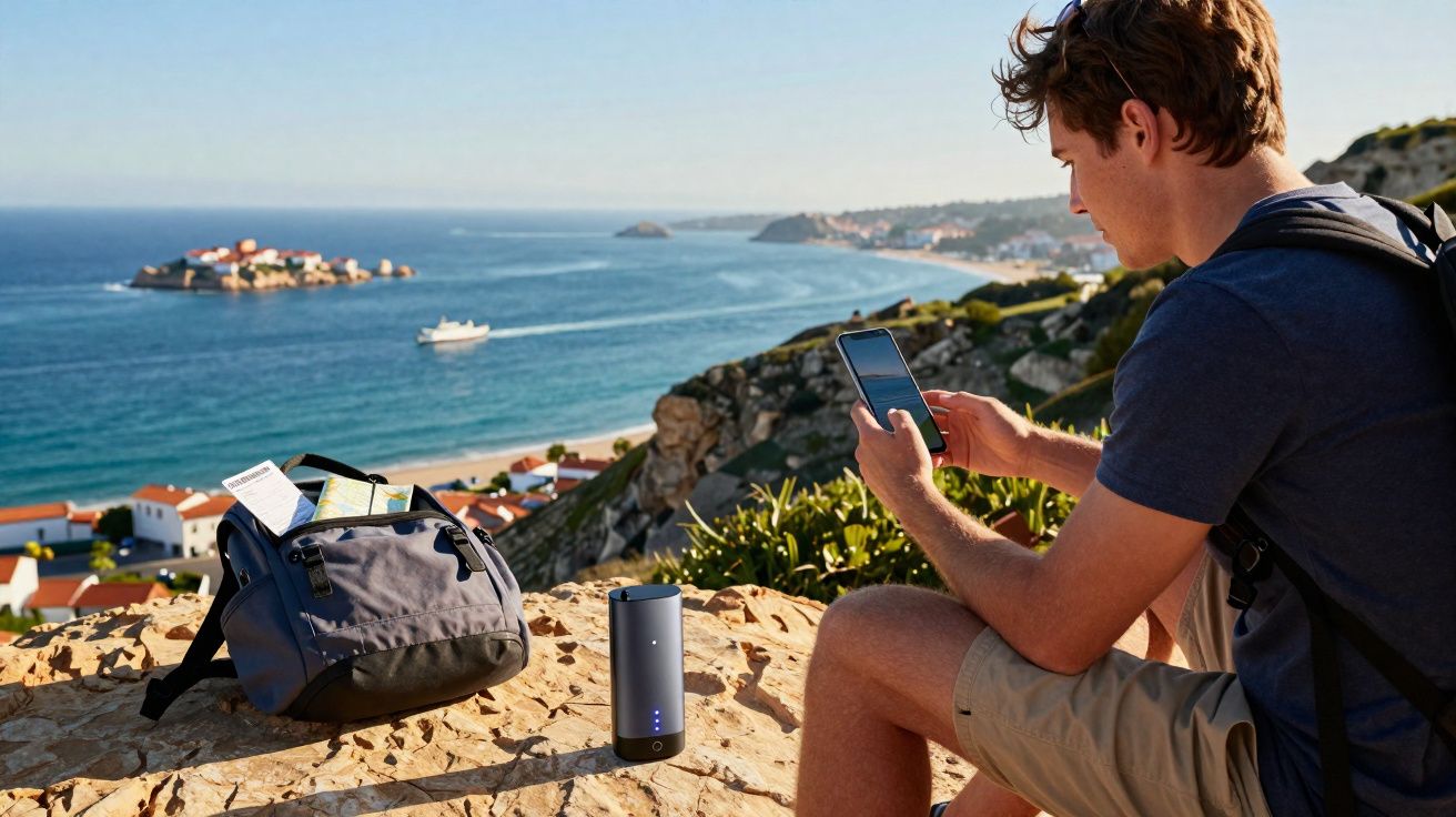 Homem com mochila usa telemóvel junto ao mar, com mochila, garrafa e paisagem costeira ao fundo.