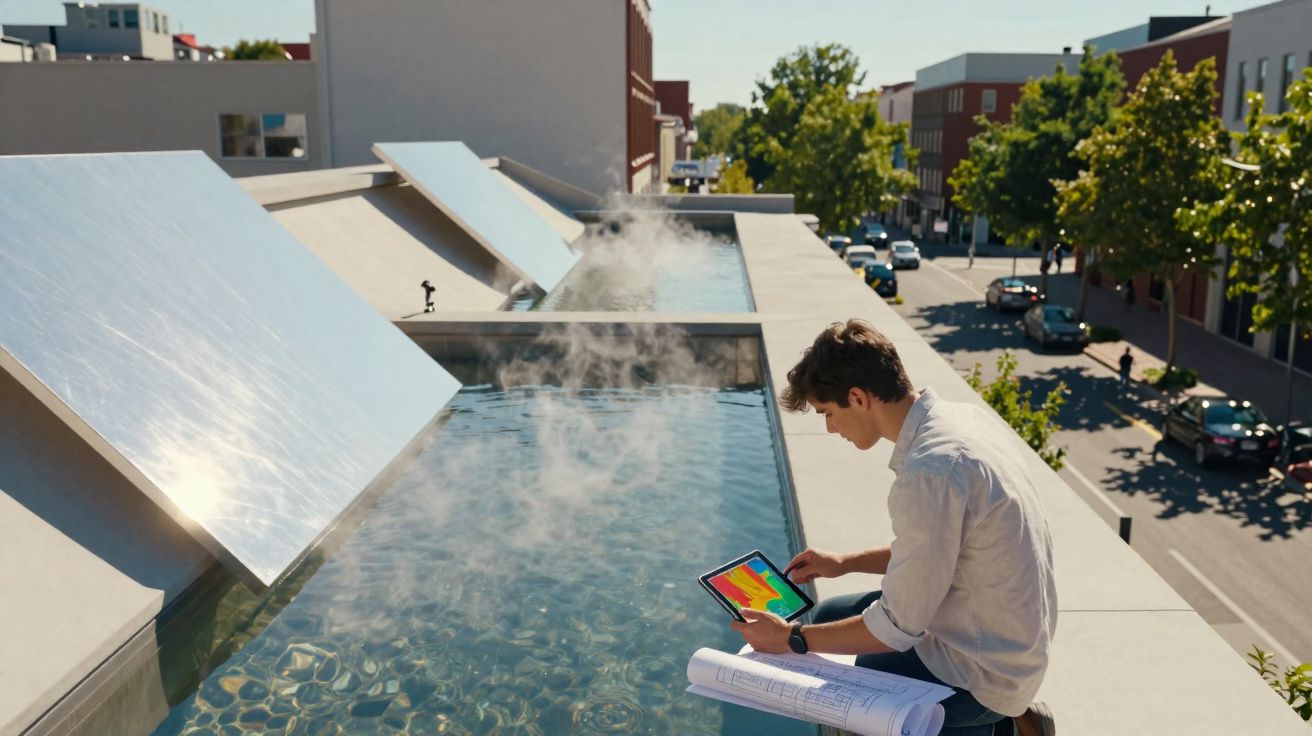 Homem a analisar mapas térmicos num tablet junto a painéis solares e água a vapor numa cobertura urbana.