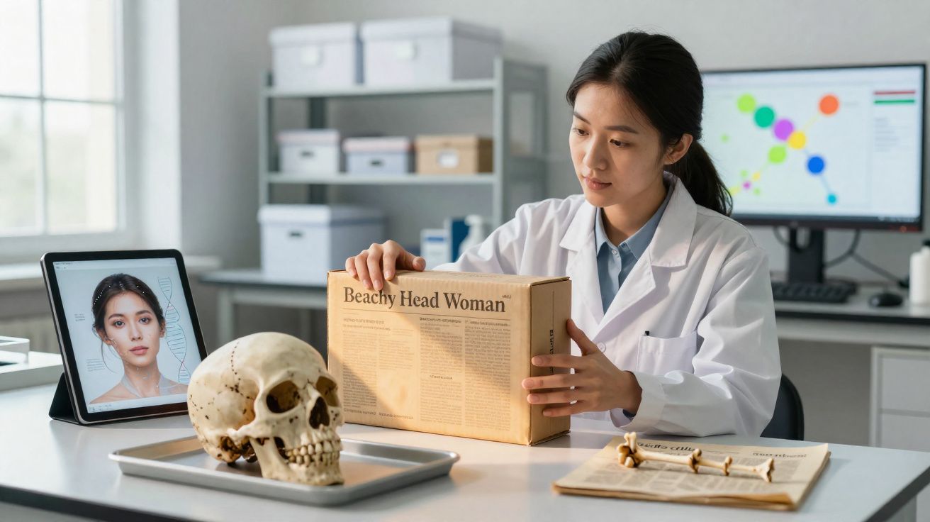 Cientista em laboratório analisa caixa com crânio humano, imagem digital e ossos sobre a mesa.