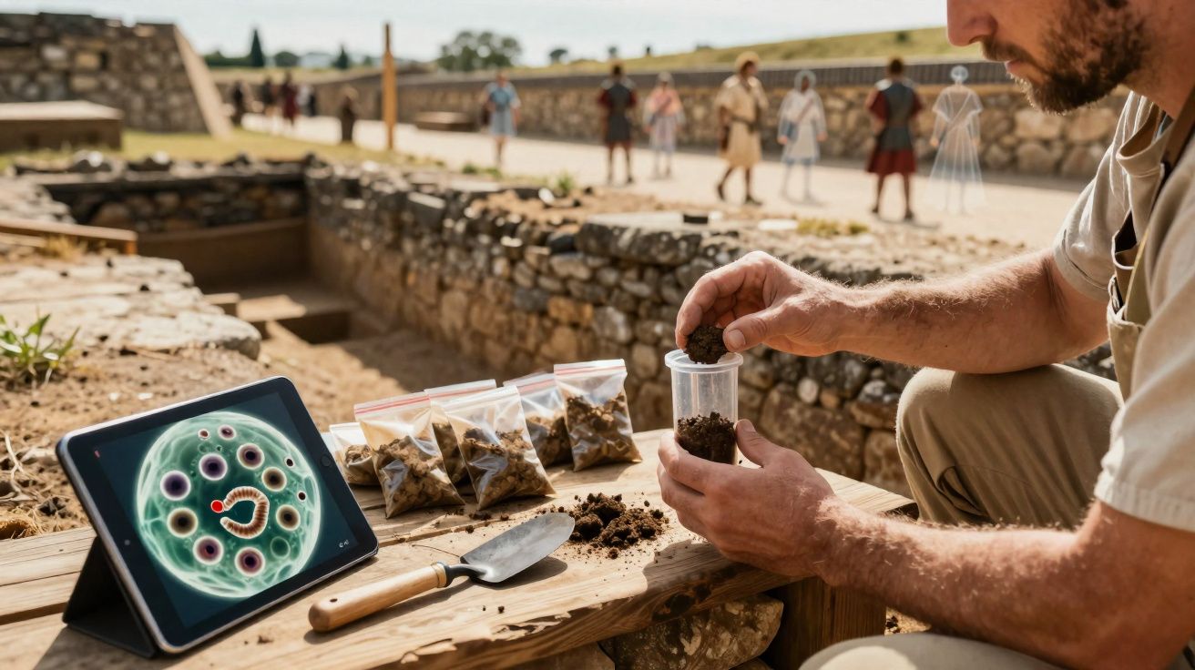 Homem a analisar amostras de solo em copos plásticos num sítio arqueológico com tablet ao lado.