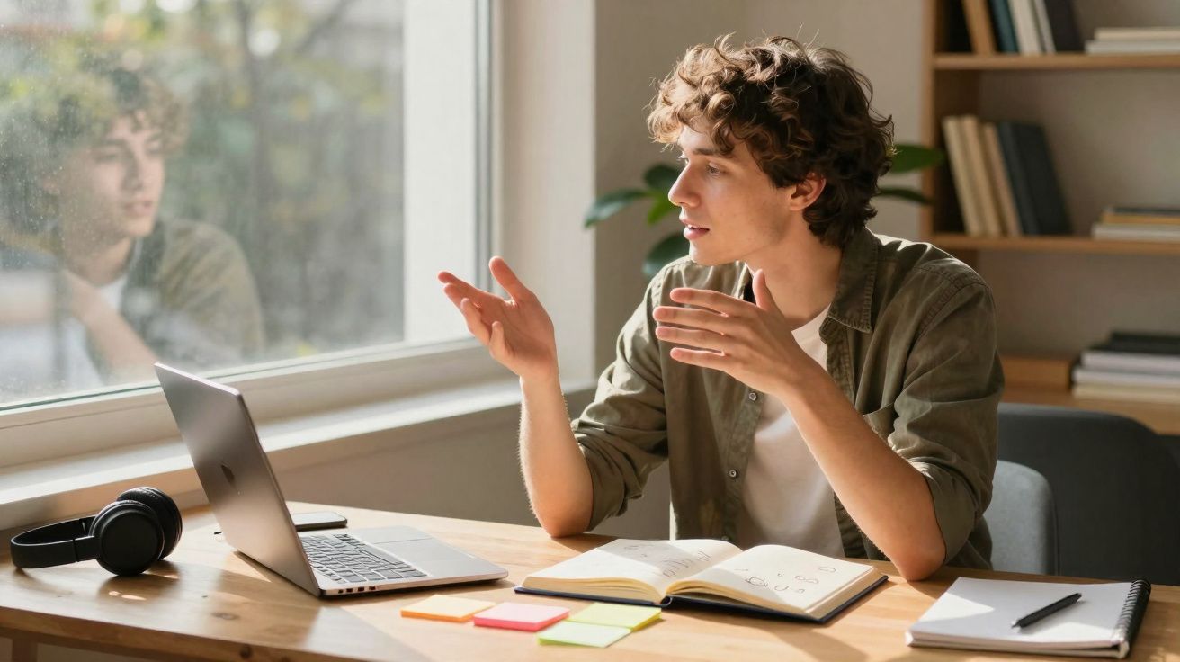 Jovem com camisa verde sentado numa mesa com computador e cadernos, a falar em videochamada junto a uma janela.