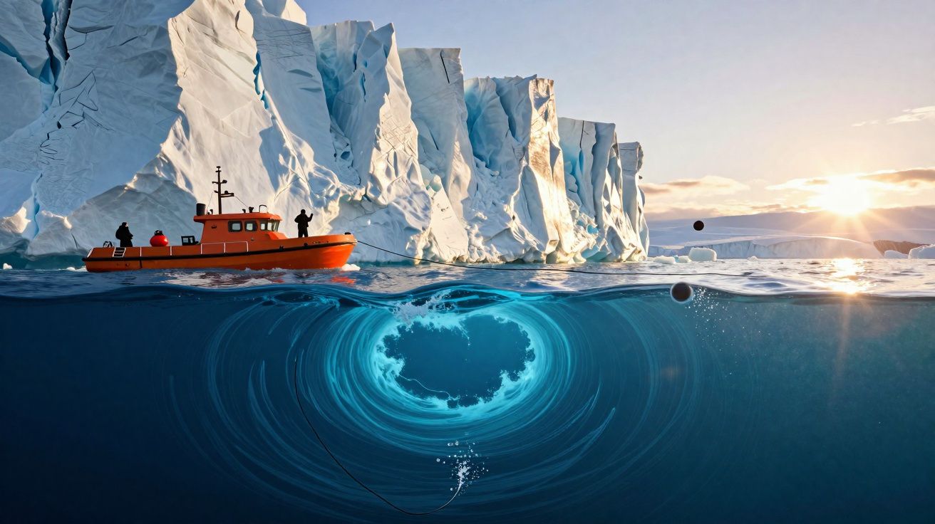 Barco laranja junto a icebergue gigante com formação de buraco na água transparente e pôr do sol.