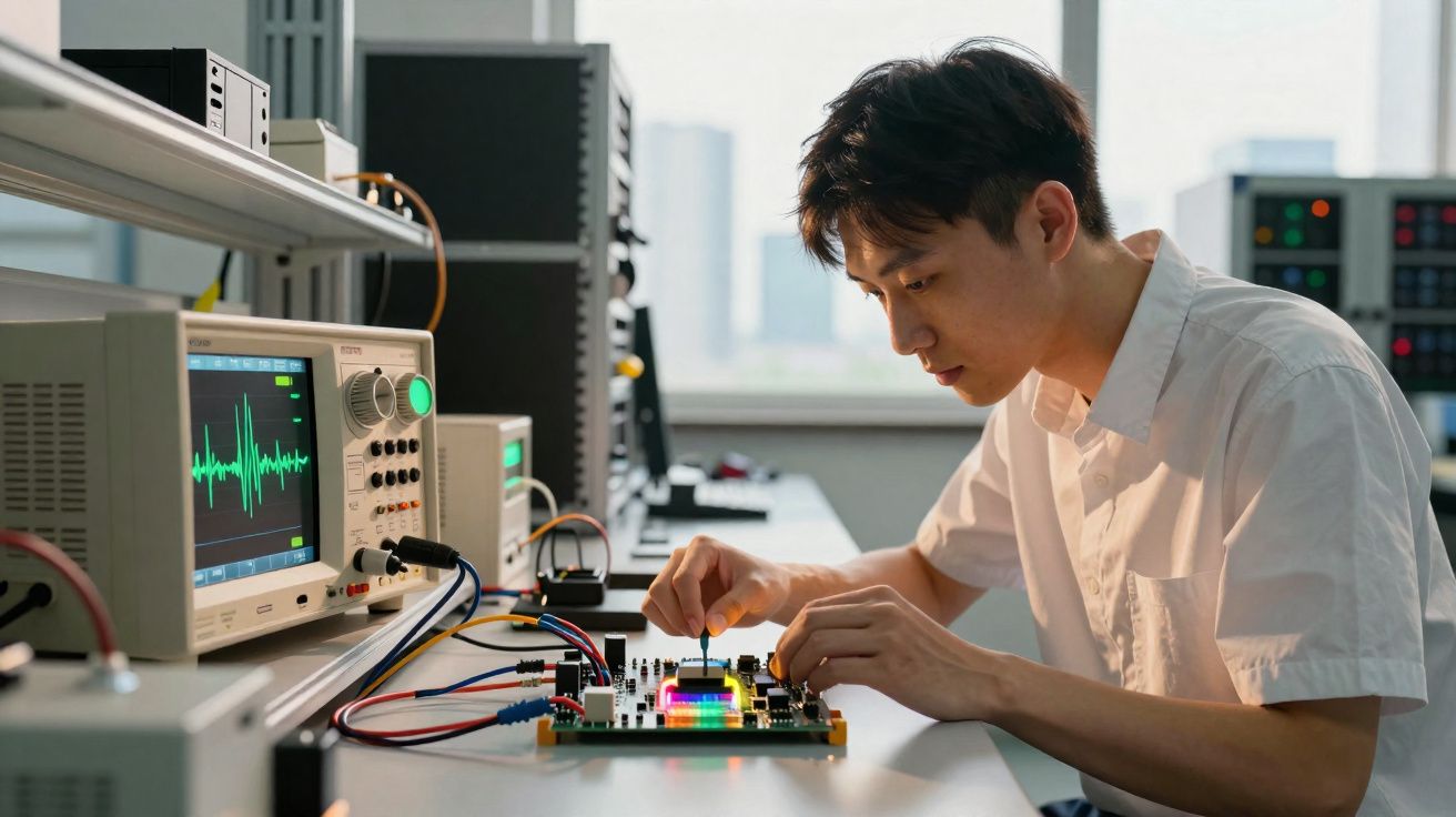 Homem jovem a trabalhar num circuito eletrónico com osciloscópio num laboratório tecnológico.