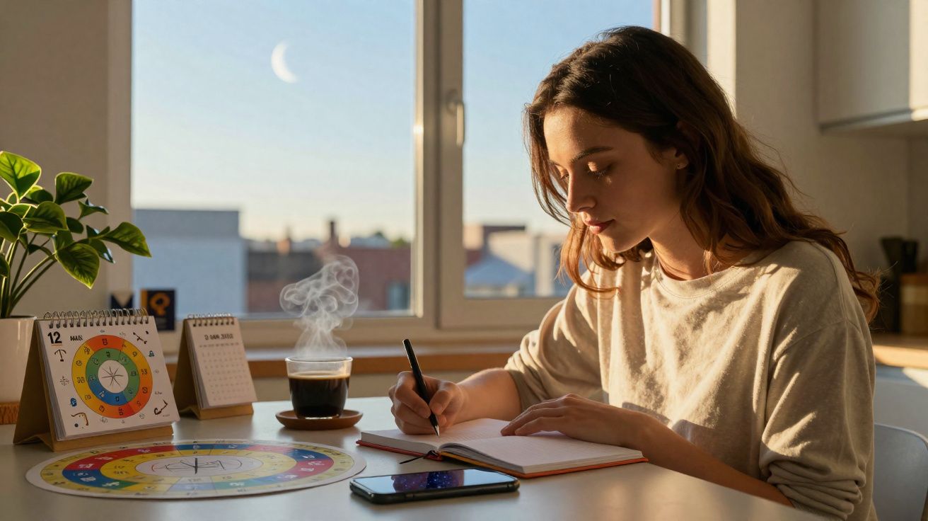Mulher a escrever num caderno à mesa com café fumegante, planta e calendários perto da janela ao entardecer.