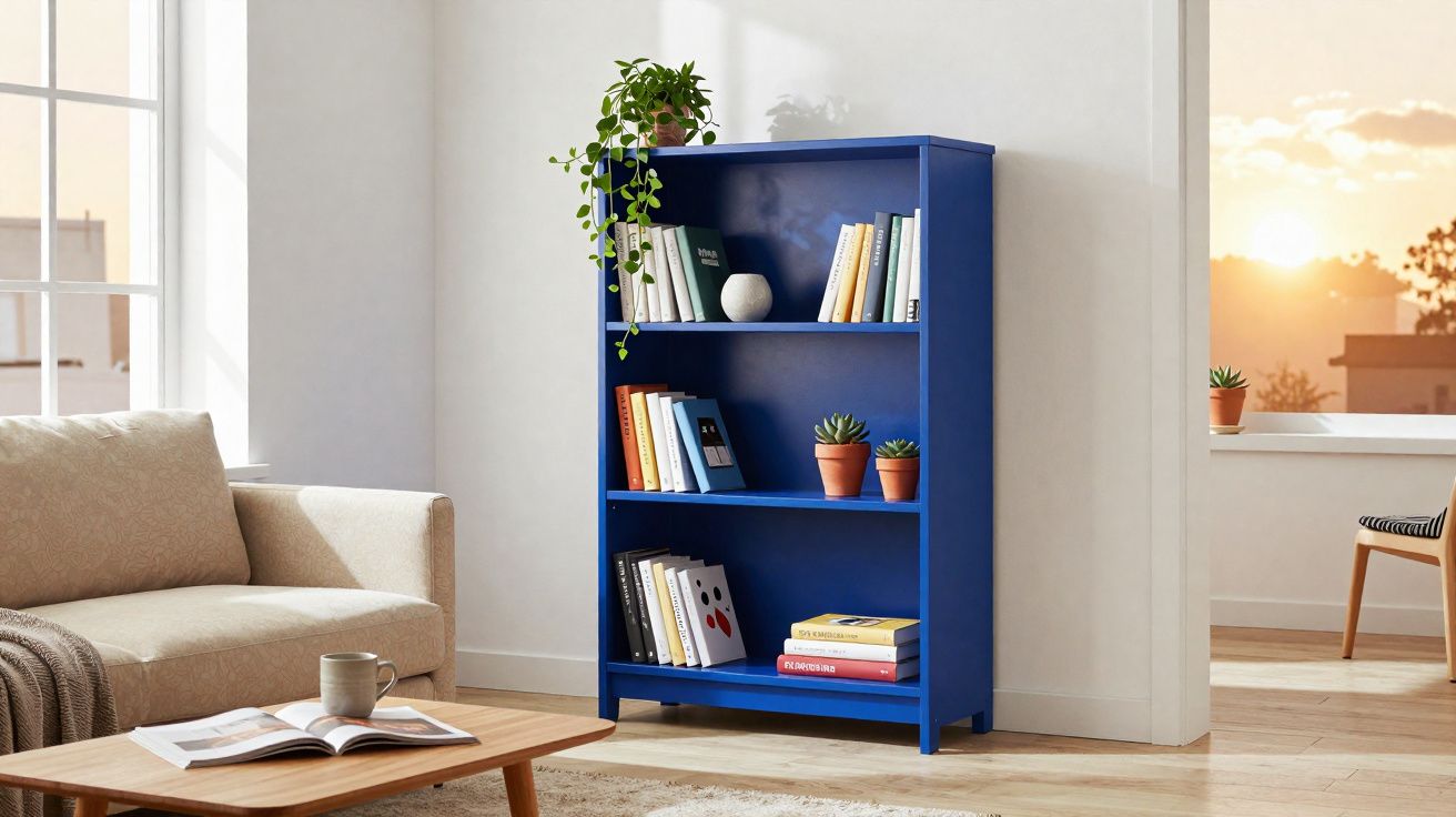 Estante azul com livros e plantas numa sala iluminada, ao lado de um sofá bege e uma mesa de madeira.