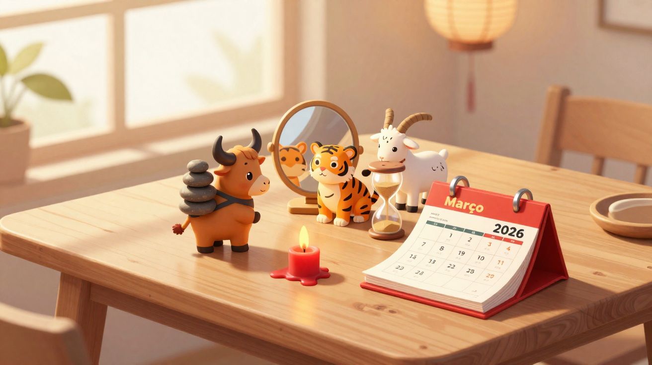 Calendário de março 2026 numa mesa de madeira com velas e figuras decorativas de animais.