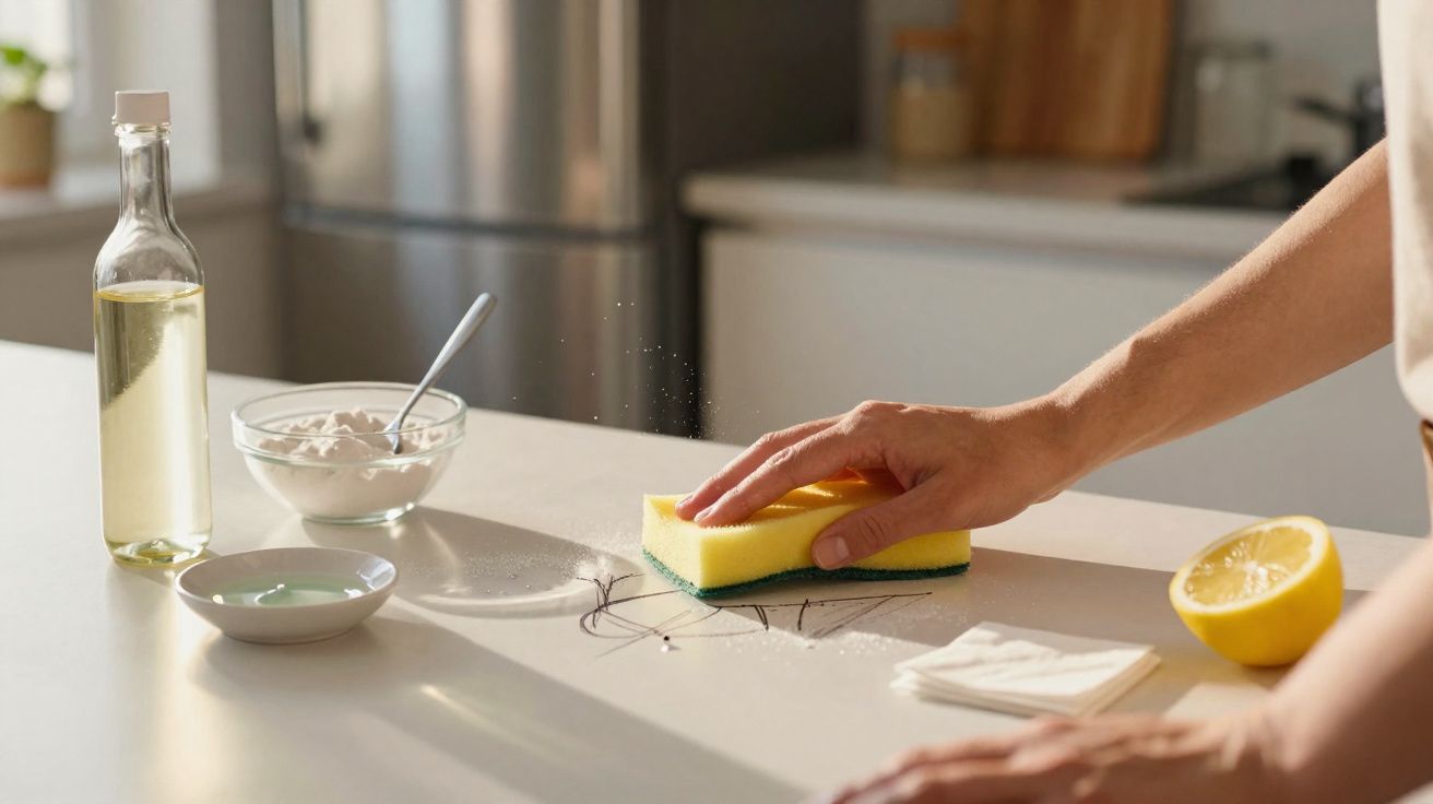 Pessoa a limpar riscos numa superfície branca com esponja amarela, com limão, detergente e vinagre ao lado.